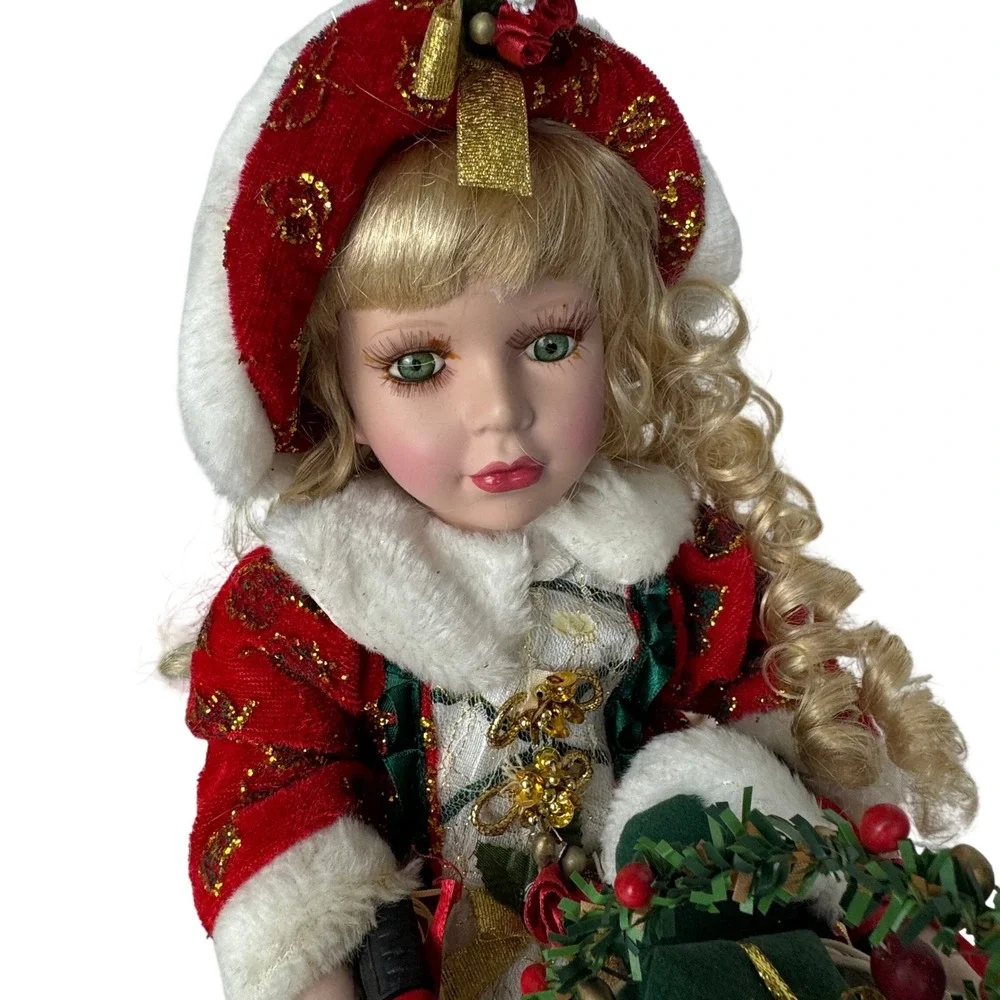 Vintage Porcelain Christmas Doll on Tricycle Red Velvet Gold Glitter 16‎ inch